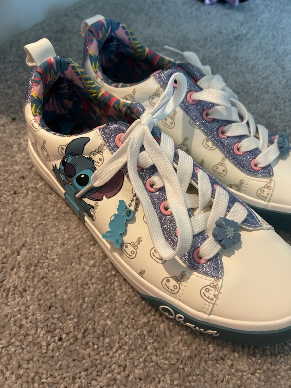 Disney White Sneakers with Blue Stitch Graphic and Purple Glitter Accents